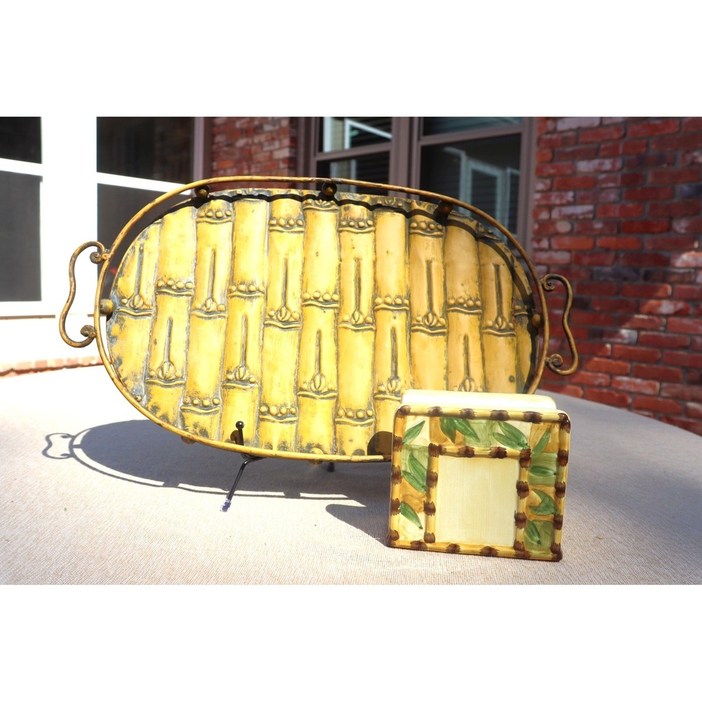 Vintage Bamboo Themed Tableware Metal Serving Tray and Ceramic Napkin Holder